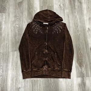 Vintage 90s Y2K Studded Brown Feather Detail Full Zip Hoodie Women's Sz L Brown